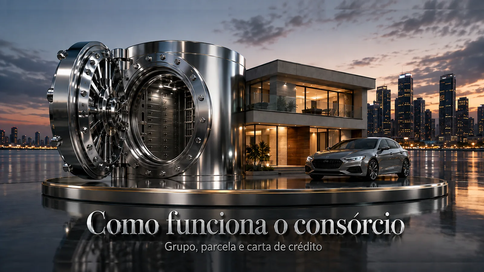 Como funciona o consórcio: cofre cromado, casa e veículo sobre pedestal | Mingarelli Capital