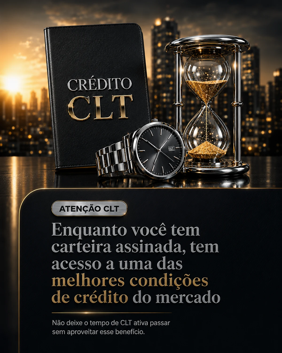 Livro Crédito do Trabalhador CLT com ampulheta dourada e relógio, símbolo da carteira assinada