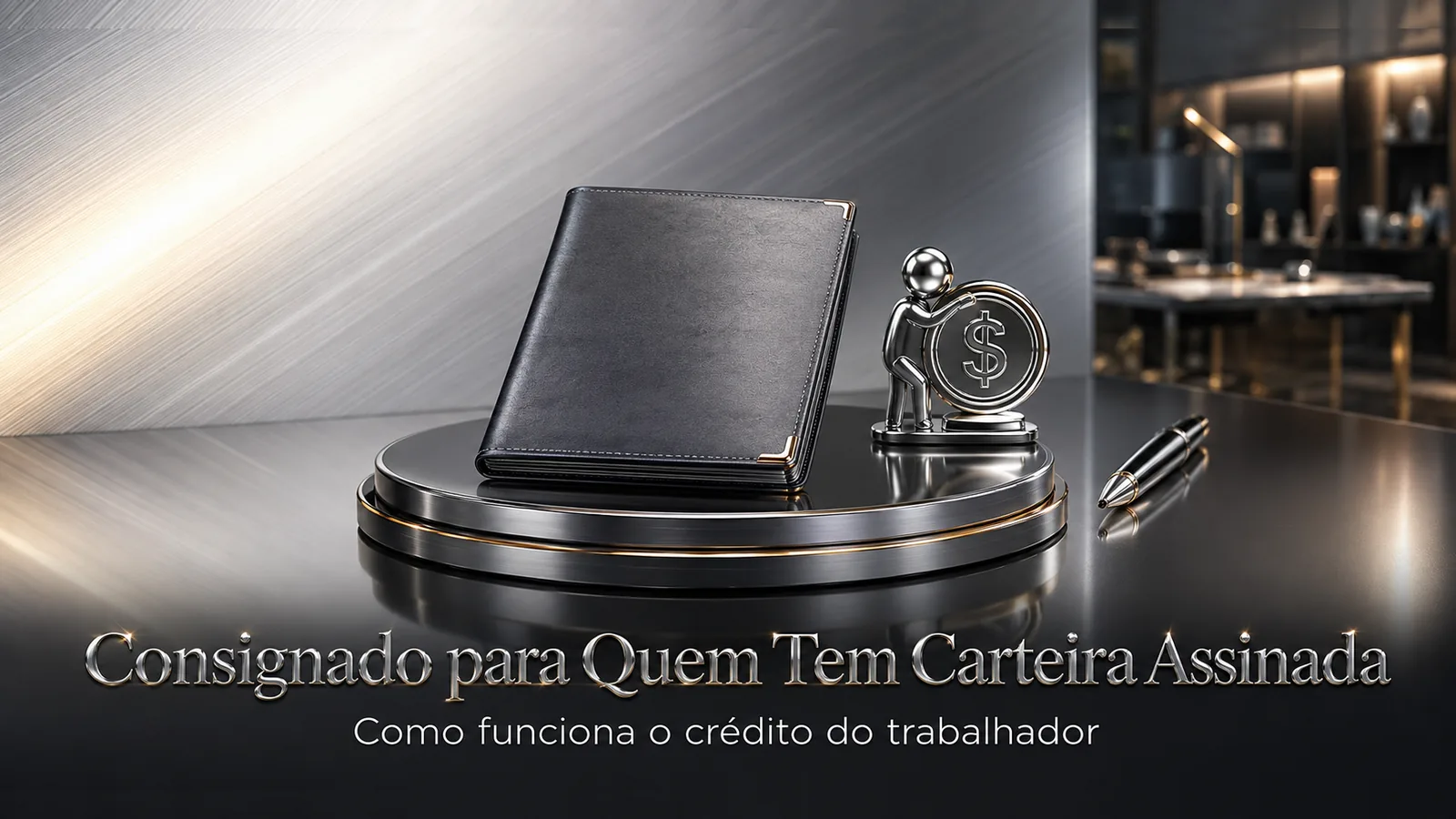 Crédito do trabalhador carteira assinada: carteira de trabalho e moeda sobre base cromada