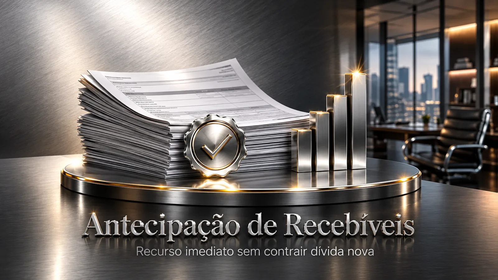 Antecipação de Recebíveis: duplicatas cromadas e gráfico em alta sobre pedestal | Mingarelli Capital