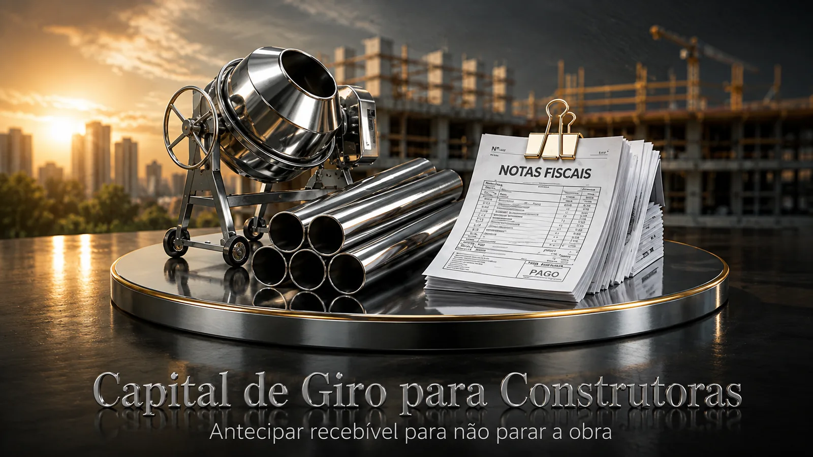 Capital de giro e antecipação de recebíveis para construtoras: betoneira cromada e notas fiscais em canteiro de obras