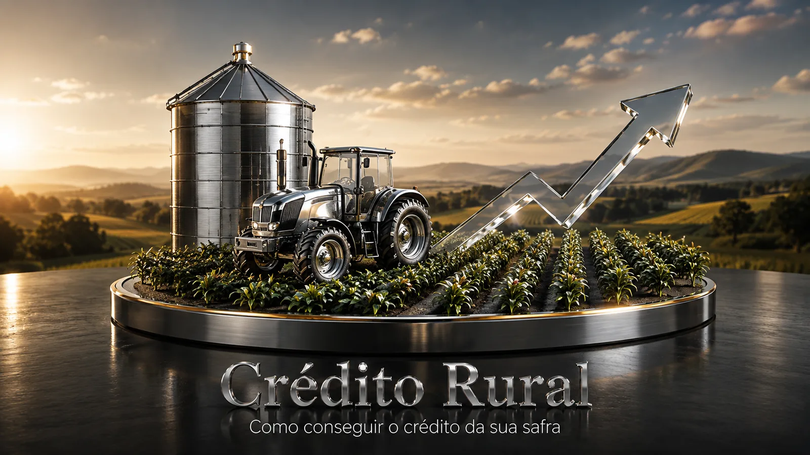 Crédito rural: trator e silo cromados sobre lavoura, representando o financiamento da safra