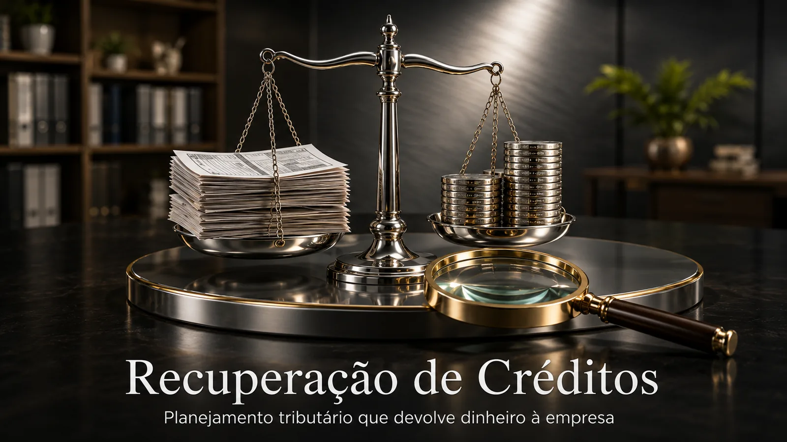 Recuperação de créditos e planejamento tributário: balança cromada com documentos fiscais e moedas