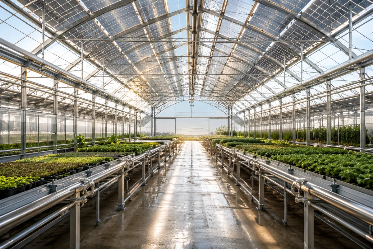 Interior de estufa agrícola com cobertura de módulos solares e bancadas de mudas