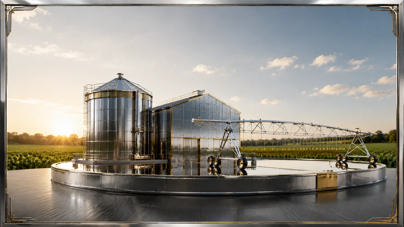 Silos e sistema de irrigação com módulos solares sobre base espelhada em lavoura ao amanhecer