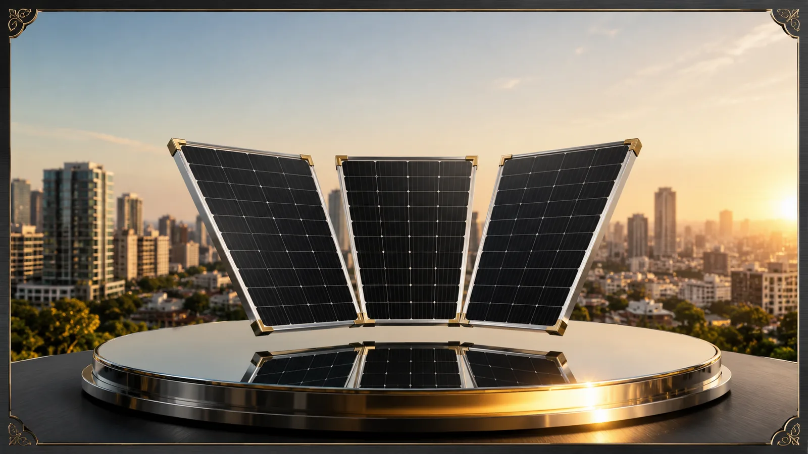 Módulos solares abertos em leque sobre base espelhada com skyline urbano ao fim da tarde