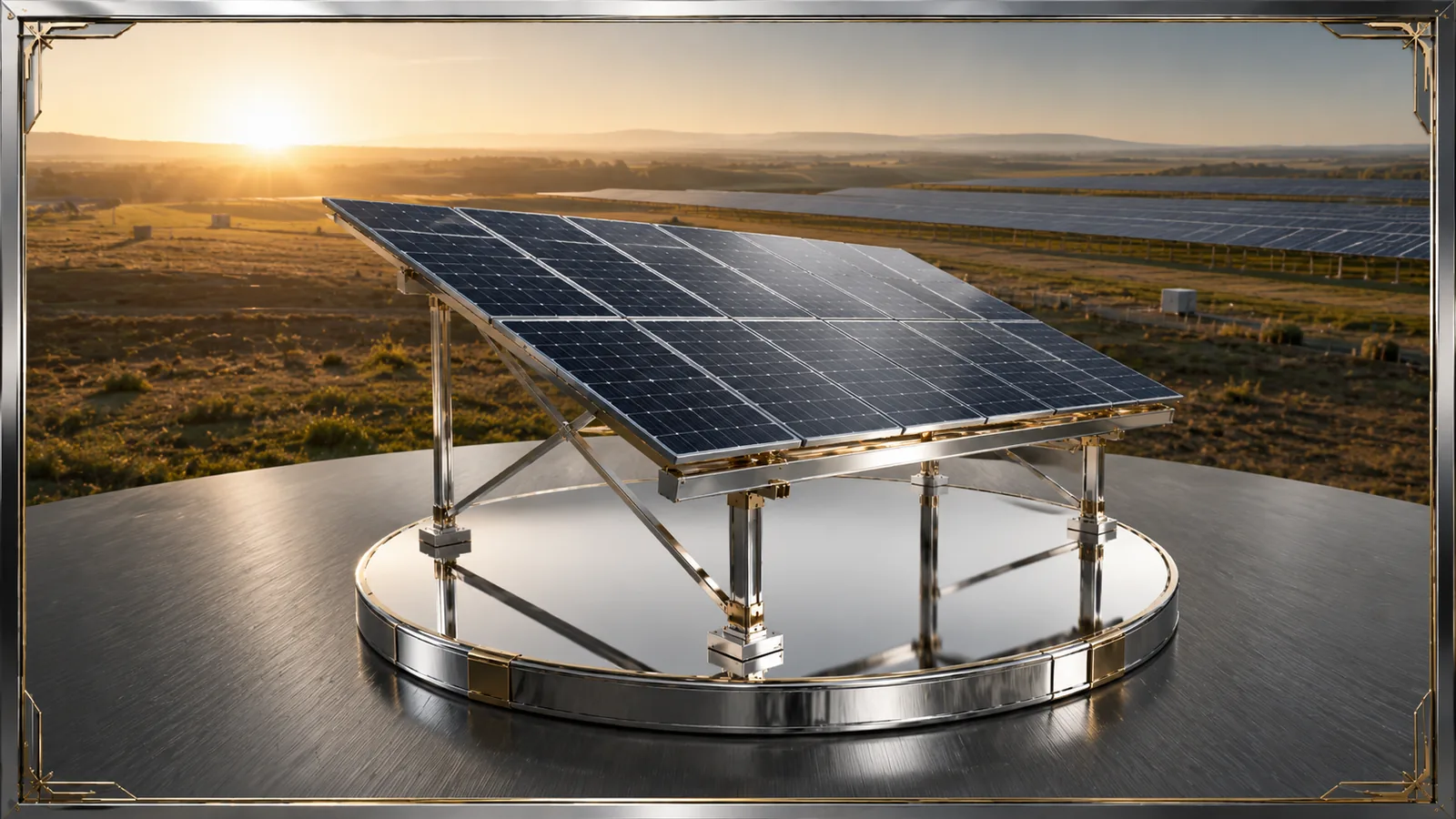Mesa de módulos solares sobre base circular espelhada com campo aberto e céu limpo ao fundo
