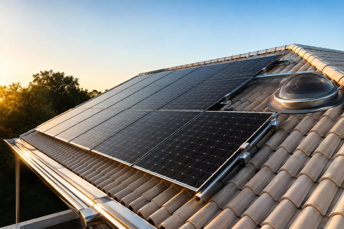 Telhado de telhas com módulos solares instalados em luz do fim da tarde