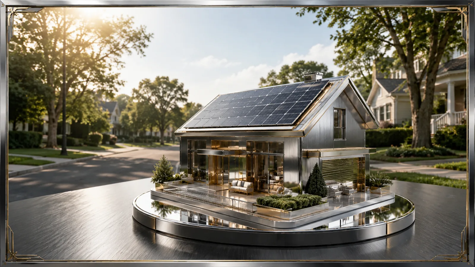 Casa residencial com módulos solares no telhado sobre base espelhada em rua arborizada