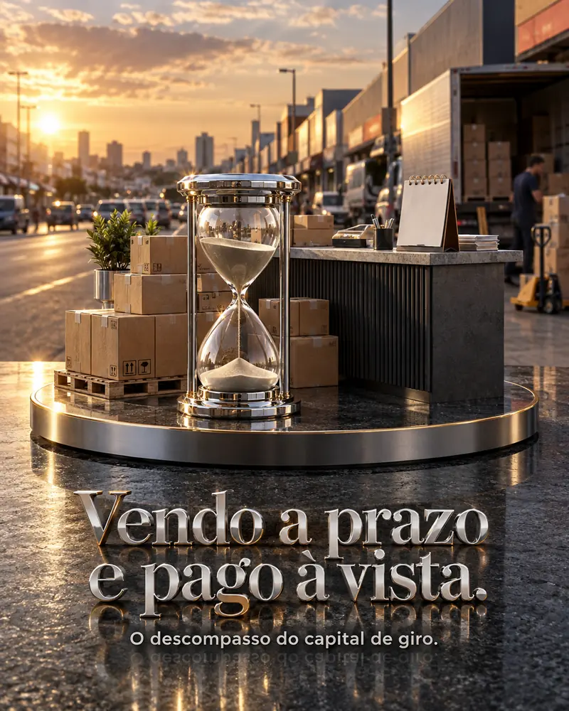 Expedicao em miniatura com caixas e ampulheta cromada sobre pedestal dourado