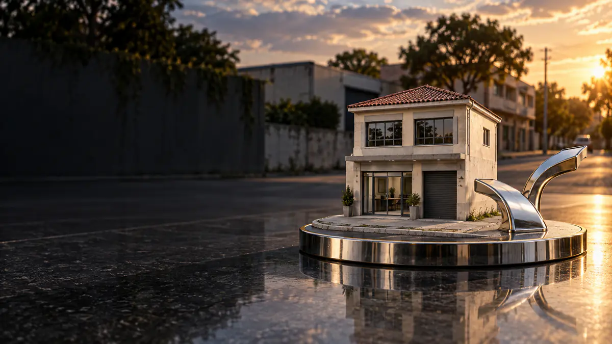 Imóvel comercial em miniatura e caminho bifurcado em cromo sobre pedestal, ilustrando os caminhos do crédito público para empresas