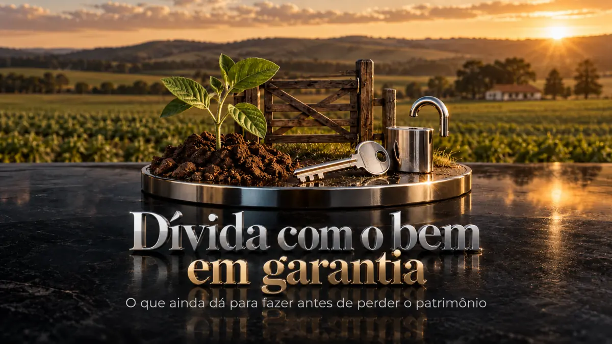 Muda plantada em terra sobre pedestal cromado, com porteira de madeira, chave e cadeado aberto, diante de lavoura ao pôr do sol, e o título dívida rural com imóvel em garantia refletido no piso escuro.