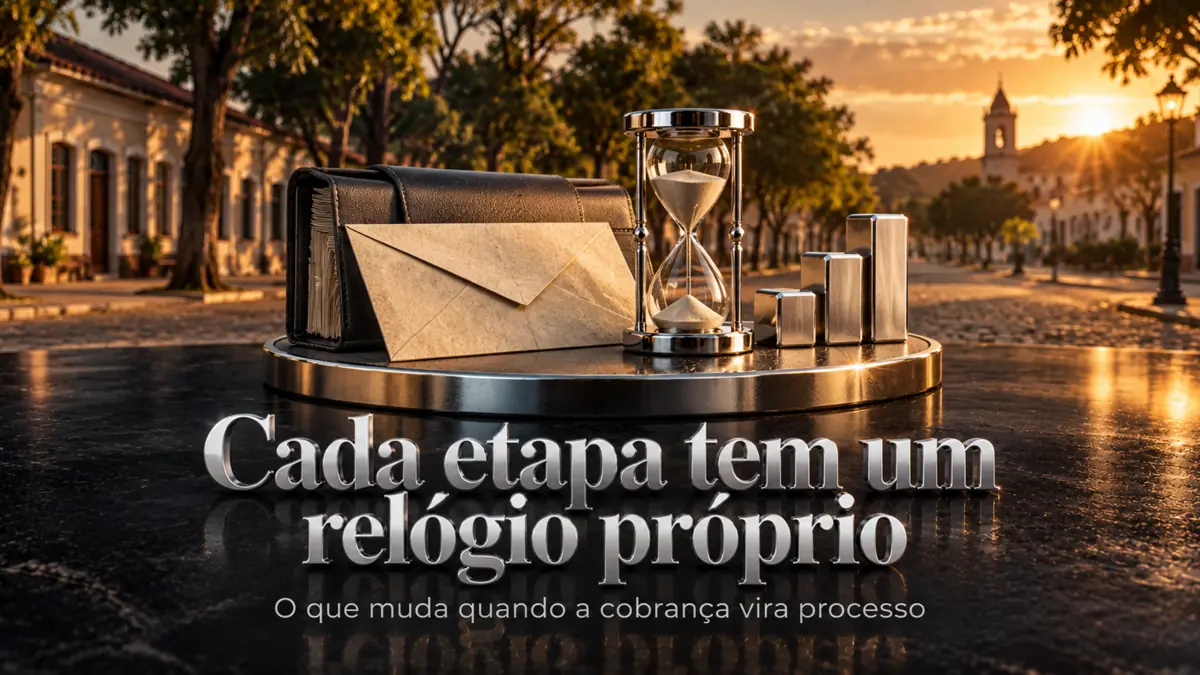 Documento com carimbo judicial e cadeado cromado sobre pedestal circular de metal polido, paisagem rural ao entardecer ao fundo, e o título execução e penhora de bem em garantia refletido no piso escuro