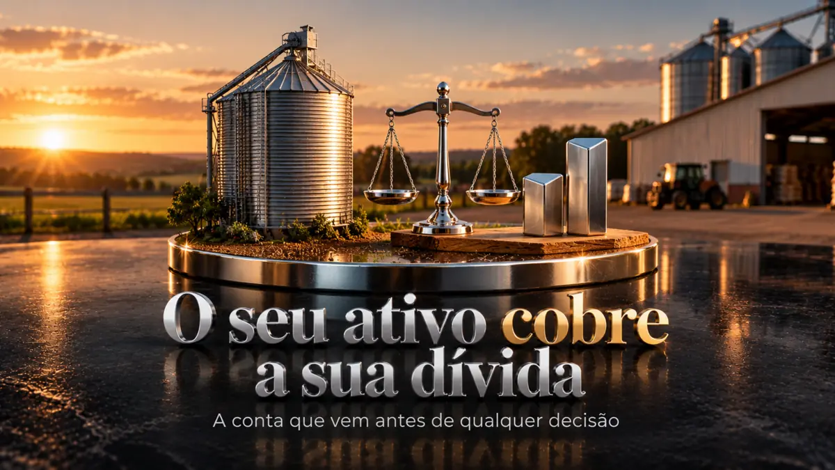 Ilha em miniatura com silo de aço e tábua de madeira sobre pedestal cromado, com balança de dois pratos e colunas comparativas em cromo espelhado, e o título Índice de Cobertura Patrimonial refletido no piso escuro.