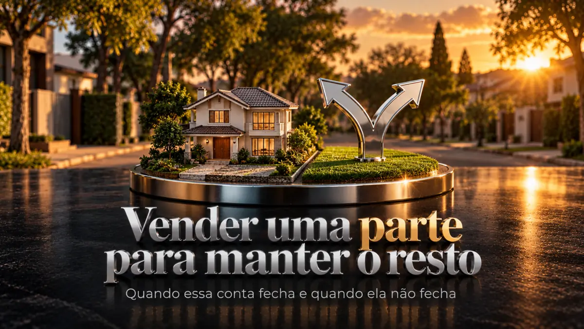 Paisagem rural ao fim da tarde ao fundo, ilha em miniatura sobre pedestal cromado com uma parte separada do conjunto, e o título vender parte do patrimônio para quitar dívida refletido no piso escuro.