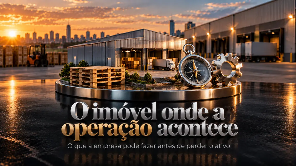 Galpão industrial em miniatura hiper-realista sobre pedestal circular de metal cromado polido, com paisagem urbana industrial ao entardecer ao fundo, e o título galpão em garantia de dívida refletido no piso escuro