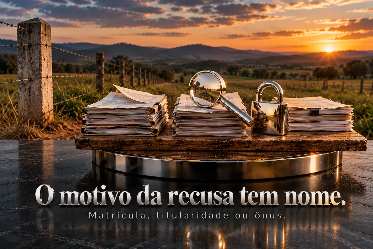 Três pilhas de documentos em miniatura com lupa cromada sobre pedestal dourado.