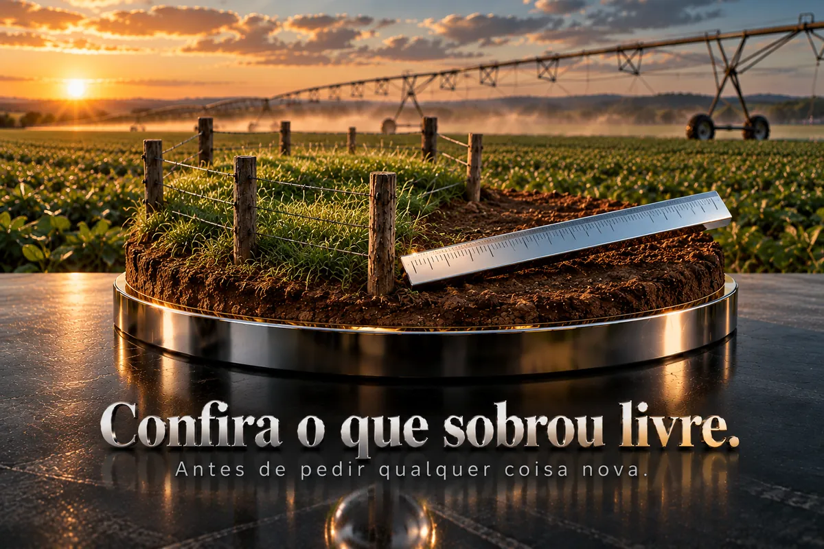 Terreno em miniatura parcialmente cercado com régua cromada sobre pedestal.