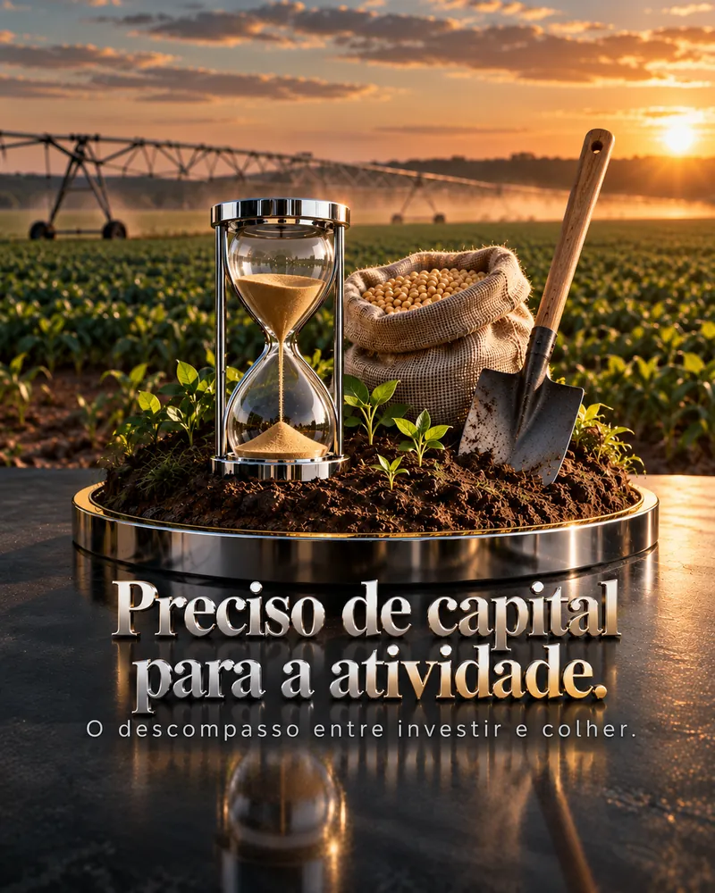 Lavoura em miniatura com saca de fibra e ampulheta cromada sobre pedestal dourado.