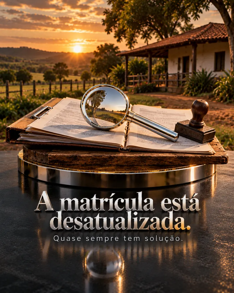 Pasta de documentos em miniatura com carimbo e lupa cromada sobre pedestal dourado.