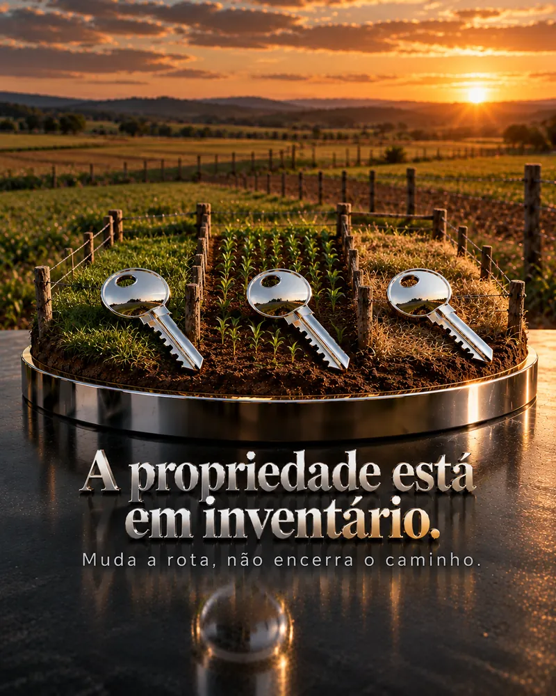 Terreno dividido por cercas em miniatura com três chaves cromadas sobre pedestal.