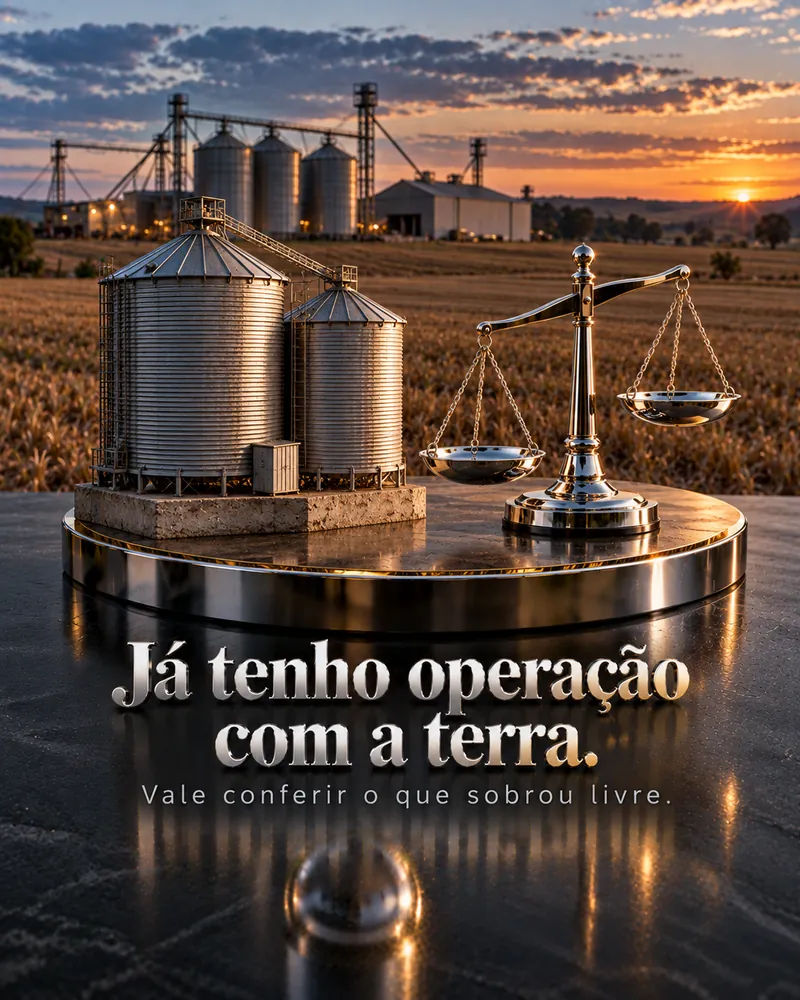 Silos em miniatura de aço corrugado com balança cromada sobre pedestal.