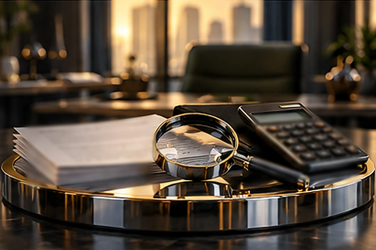 Duas propostas genéricas, lupa e calculadora com tela apagada sobre pedestal cromado